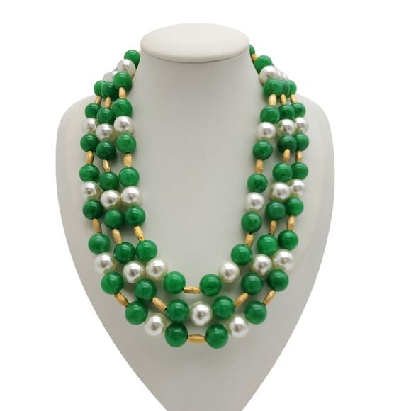 Vtg Triple Strand Jadeite Green Beaded Pearl Gold Tone Statement Choker Necklace - Picture 5 of 9